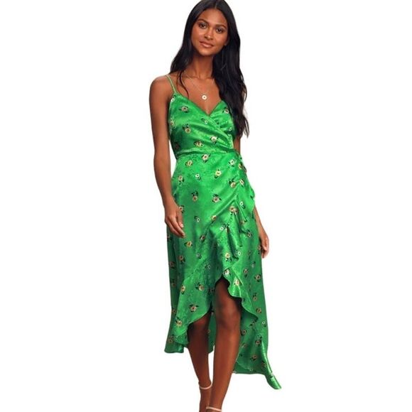 Lulu’s Chic Style Green Floral Jacquard Satin High-Low Midi Wrap Dress Sz. S - Picture 1 of 7